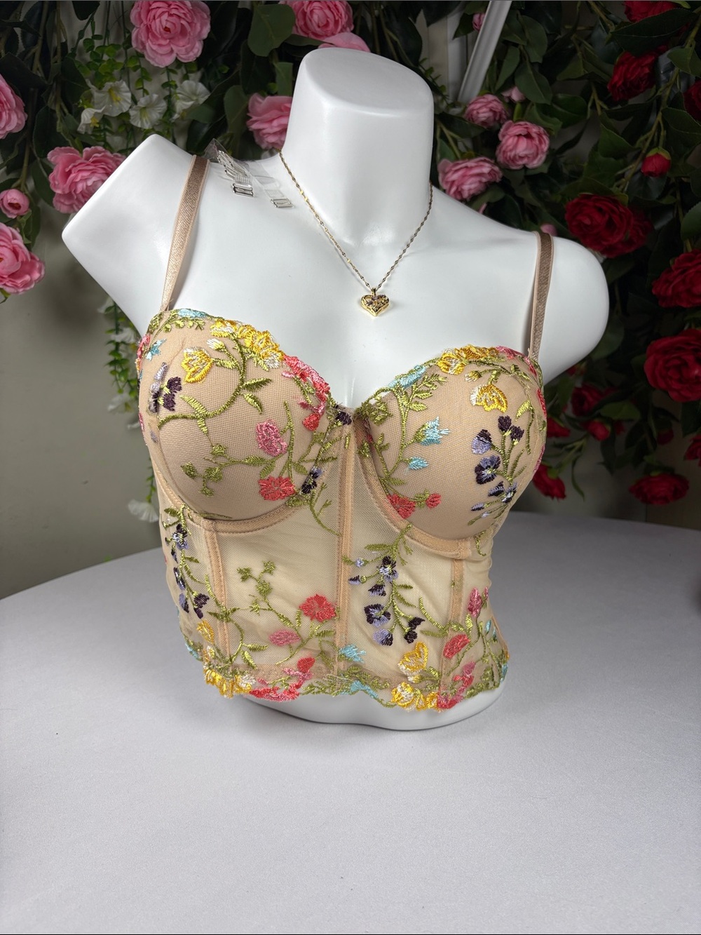 Floral Embroidered Longline Bustier Corset - Nude